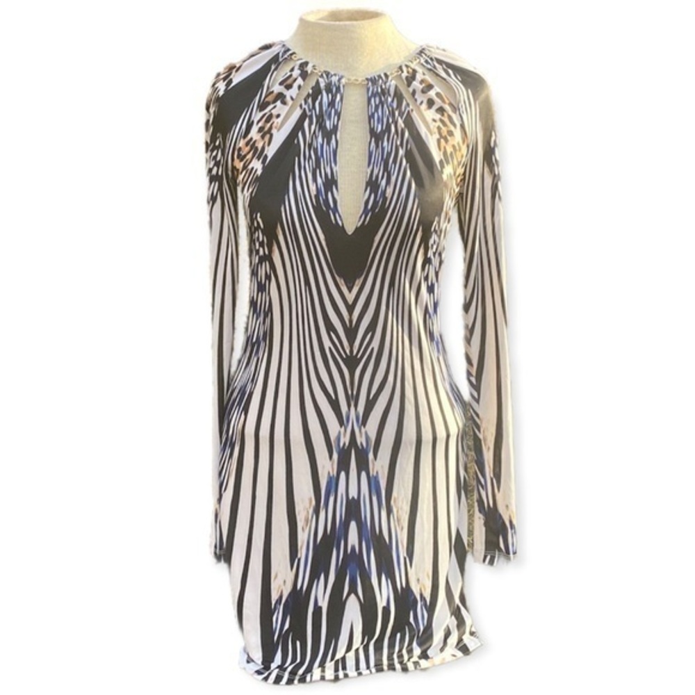 Bebe Safari Animal Print long sleeve Mini Dress white/blue/black, small